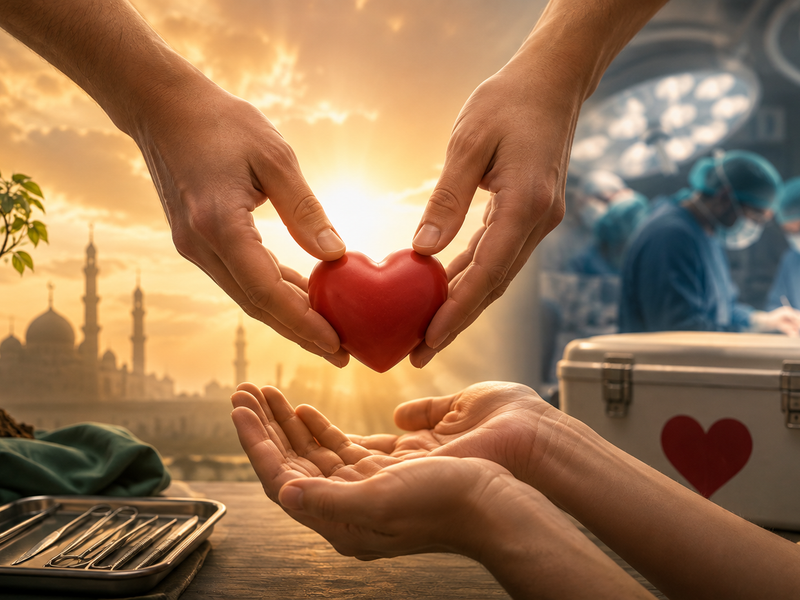 Symbolic organ donation scene representing medical transplantation, compassion, and Islamic ethical reflection.