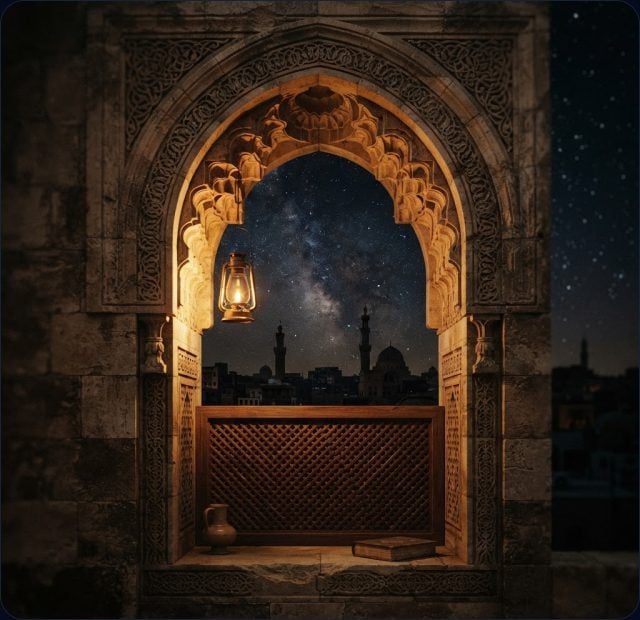 A carved stone arch at night, a lantern lit beneath a sky of stars.