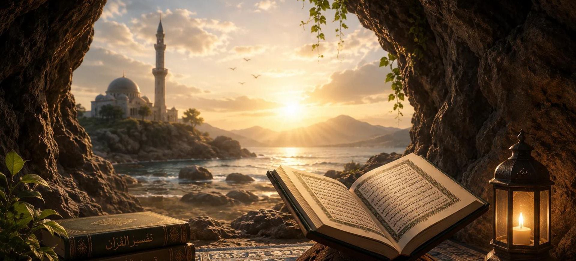 An open Qur'an on a rehal in a cave mouth, a lantern beside it and a mosque on the shore at sunset.